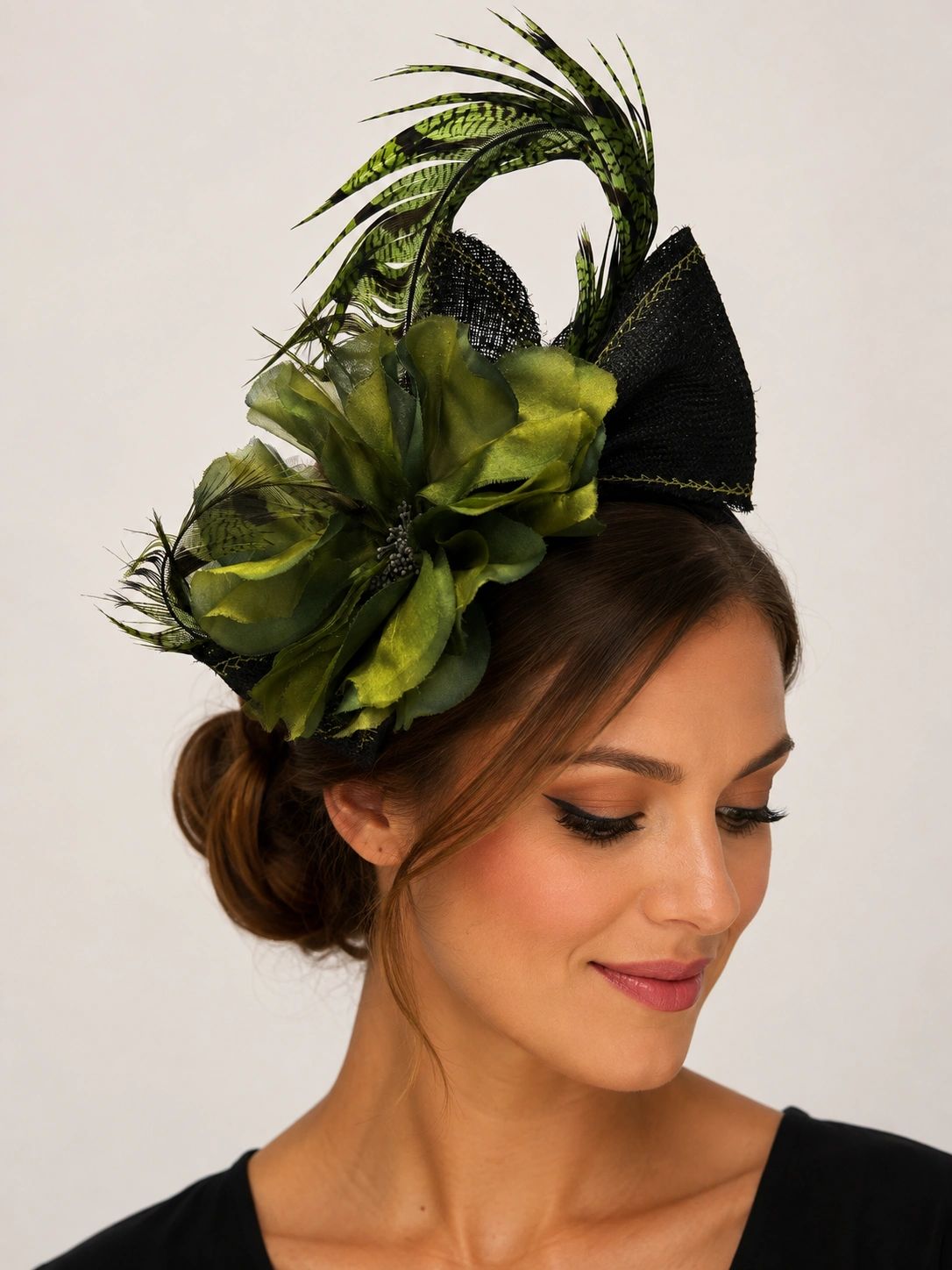 Olive Green Flower and Black Straw and Pheasant Feather Headband