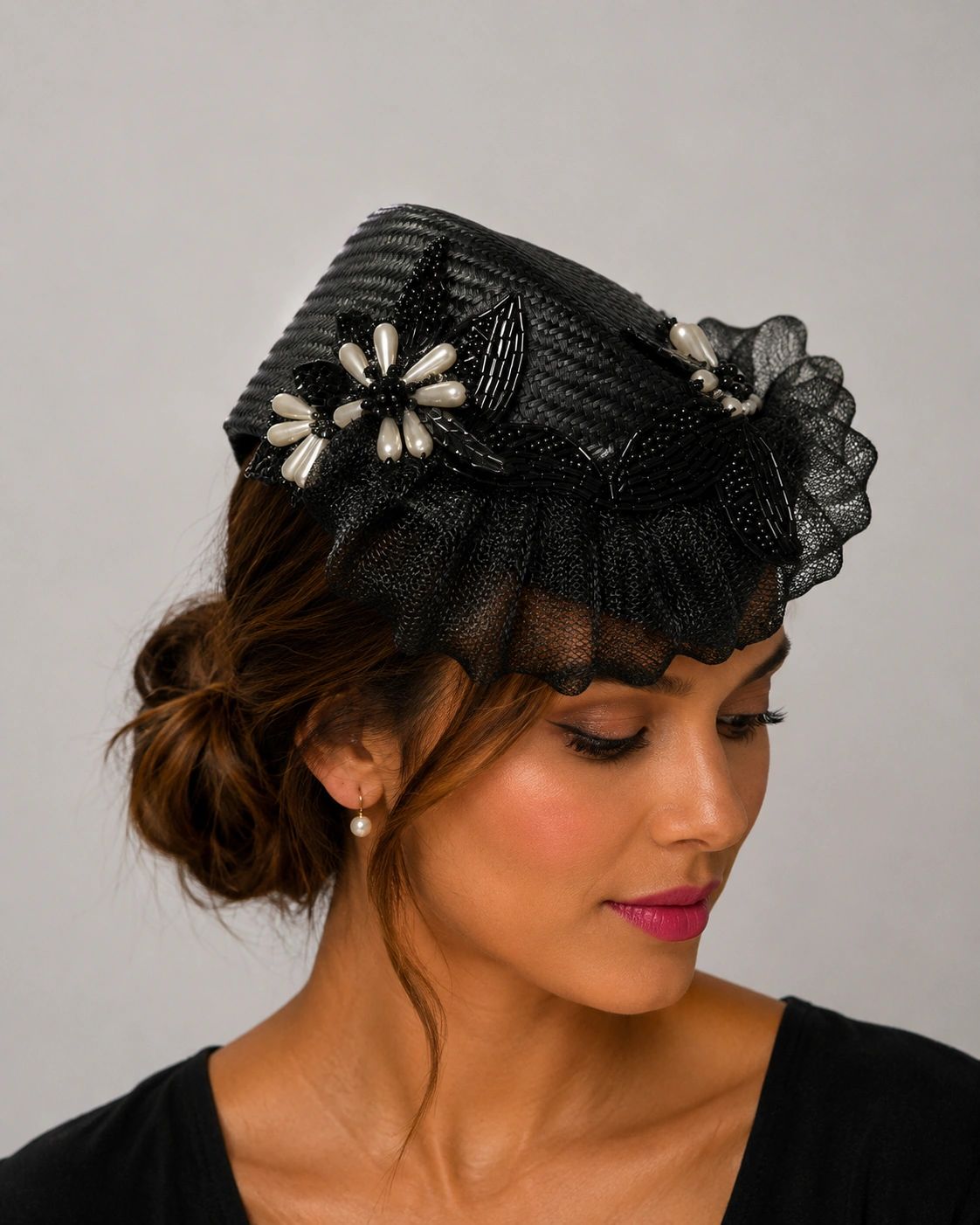 Black Pillbox Hat with Pleated Crin Beaded Motifs and Pearls Main image