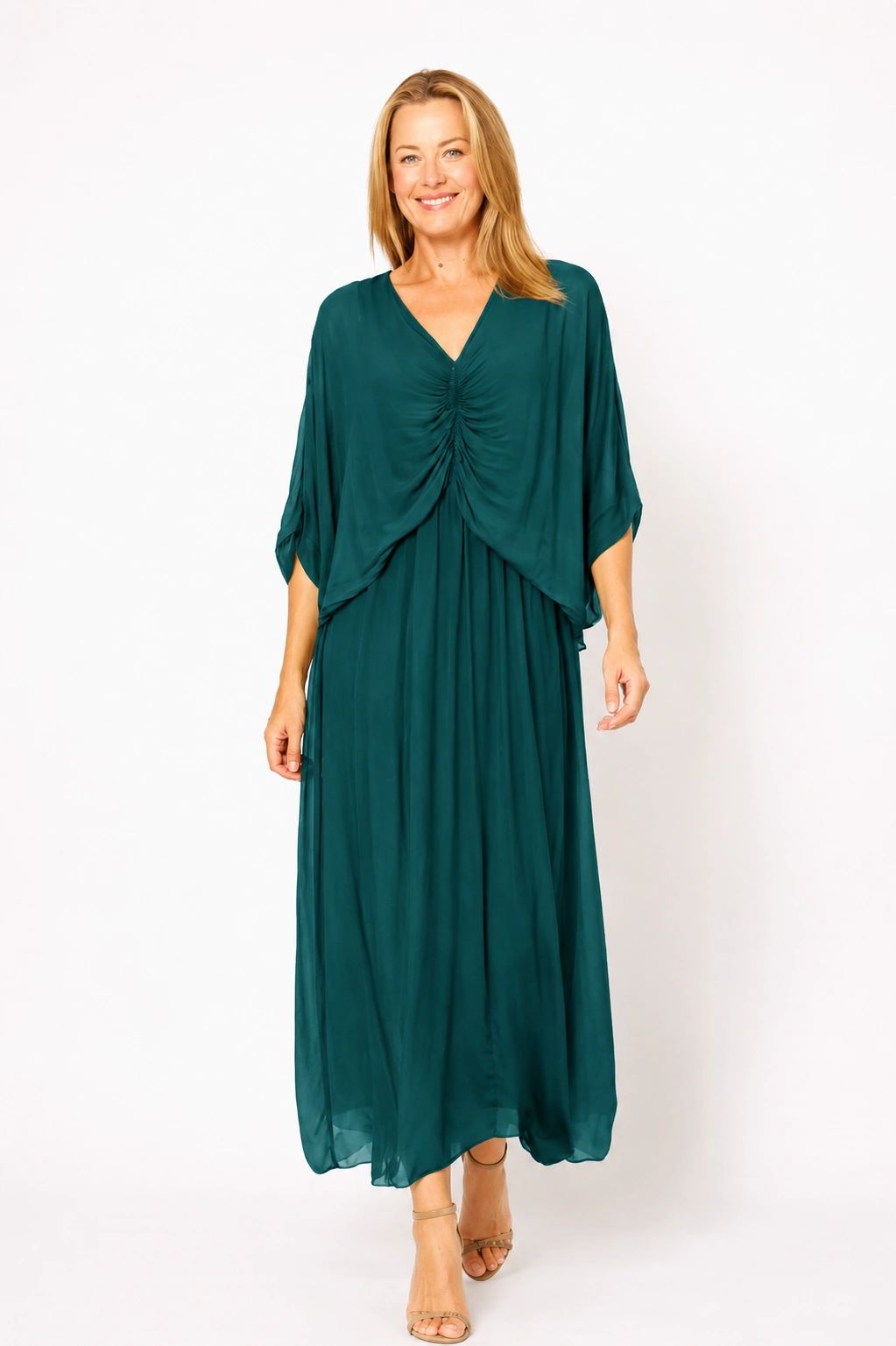 Ruched Bodice Silk Blend Flowy Dress Asst Colours