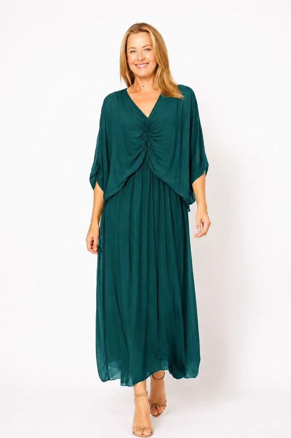 Ruched Bodice Silk Blend Flowy Dress Asst Colours