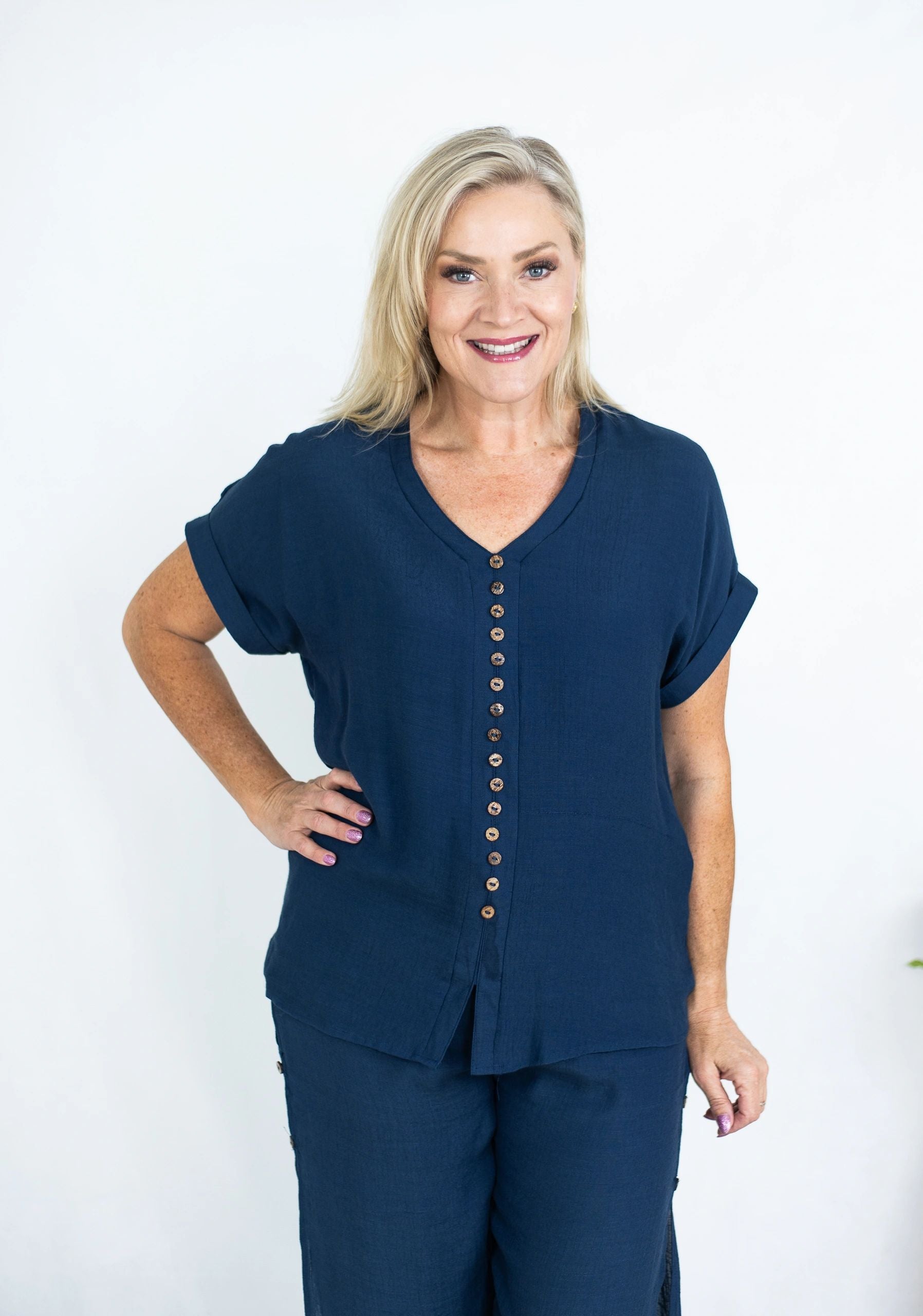 Wooden Button Short Sleeve Blouse Asst Colours Secondary image