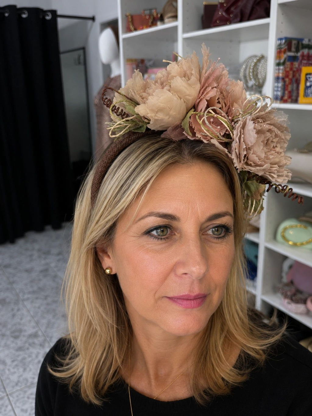 Dusty Pink Flower and Brown Rattan Headband