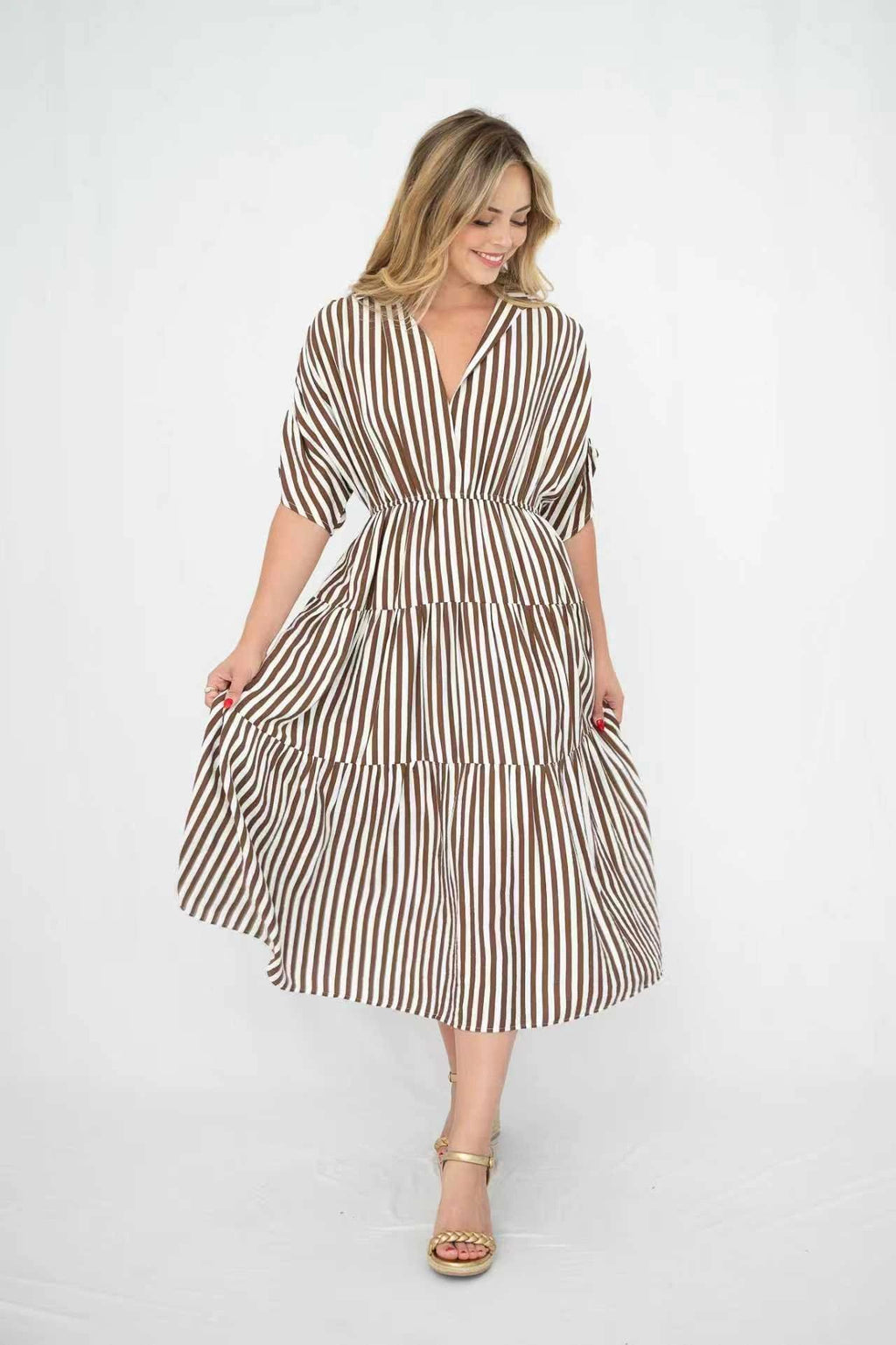 Striped Gathered Sleeve Midi Dress Chocolate