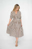 Striped Gathered Sleeve Midi Dress Chocolate