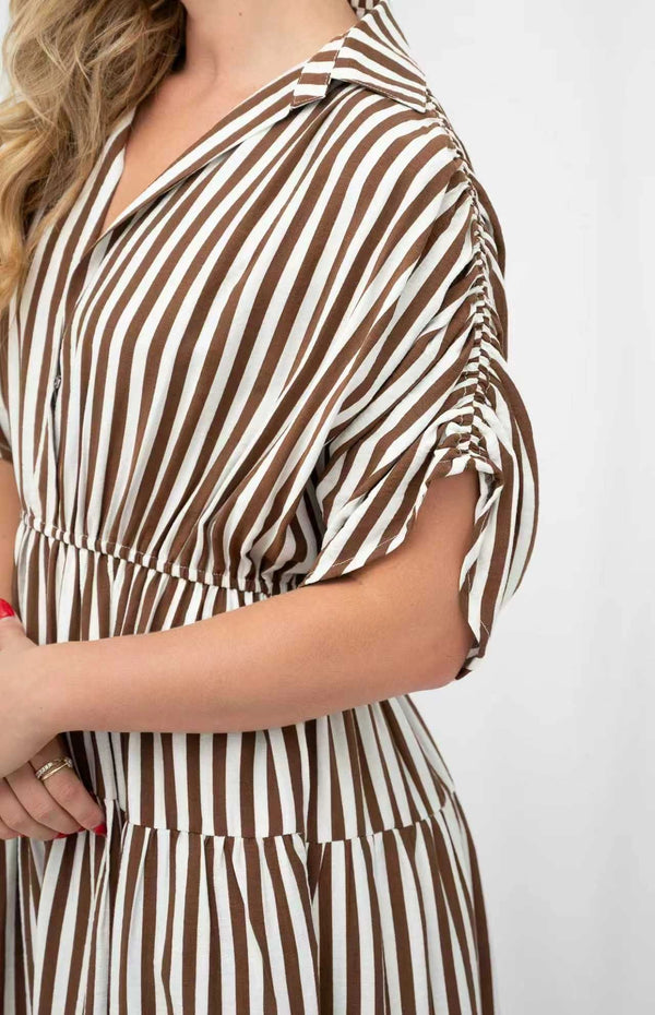 Striped Gathered Sleeve Midi Dress Chocolate