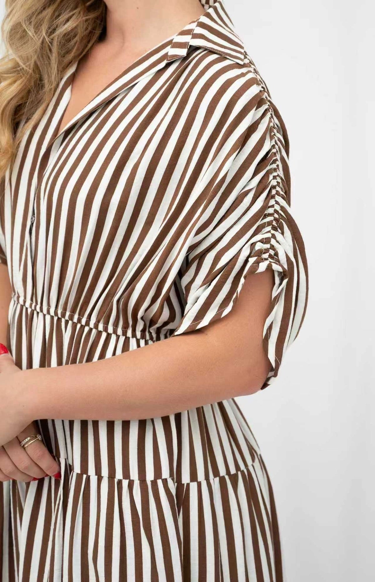 Striped Gathered Sleeve Midi Dress Asst Colours