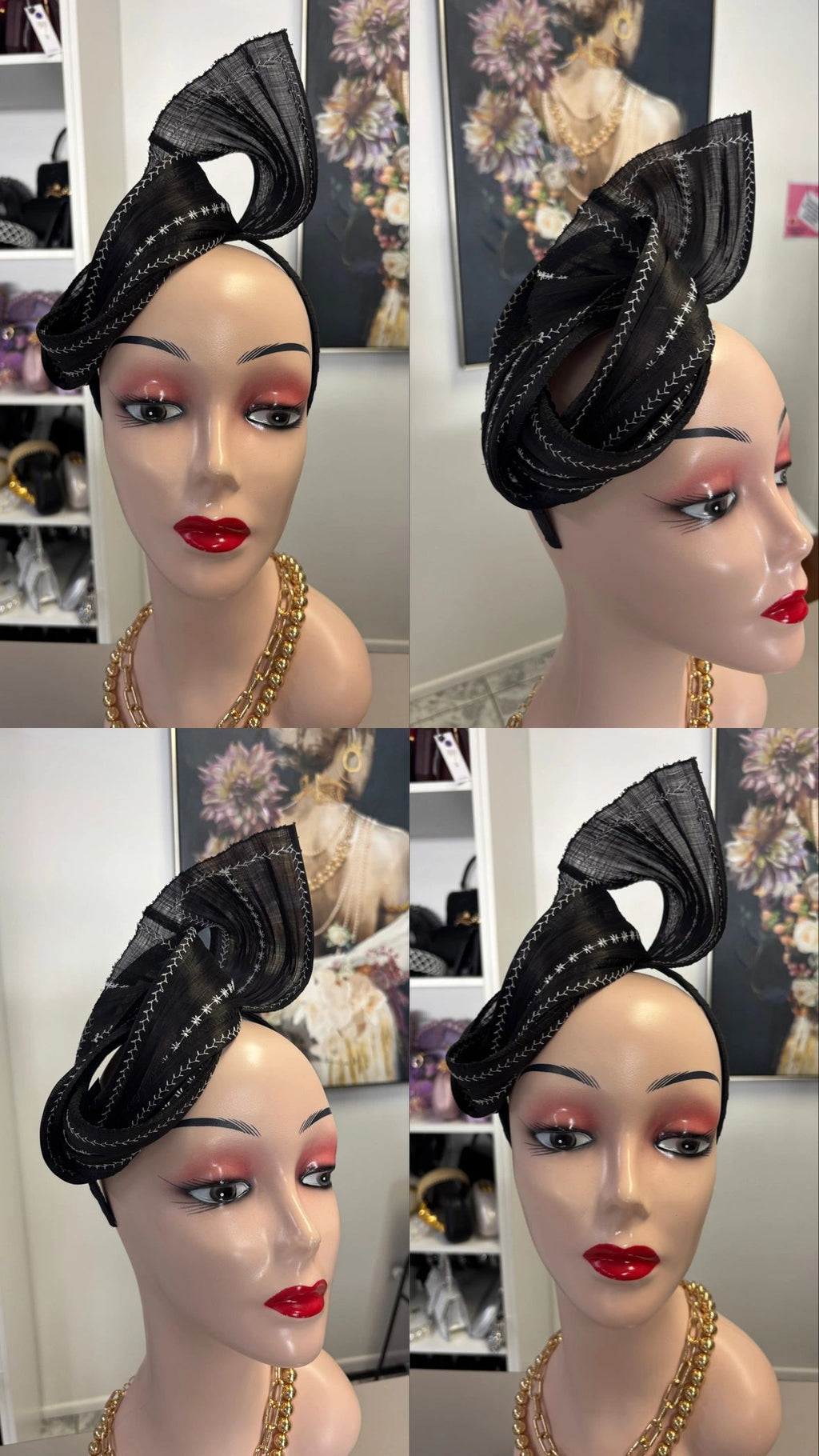Black Silk Abica with White Stitching Headband