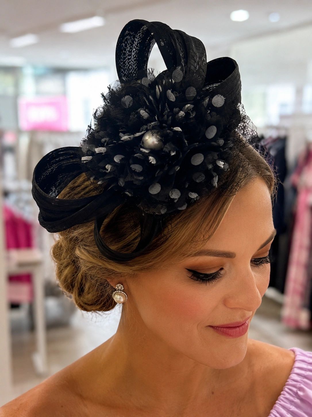 Black Silk Abica Polka Dot Flower Headband Main image