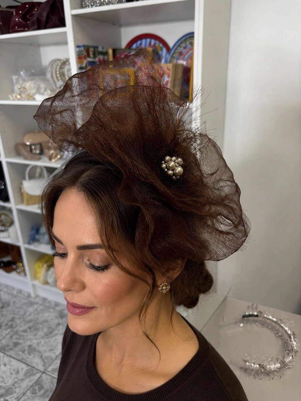 Brown Distressed and Pearl Headband