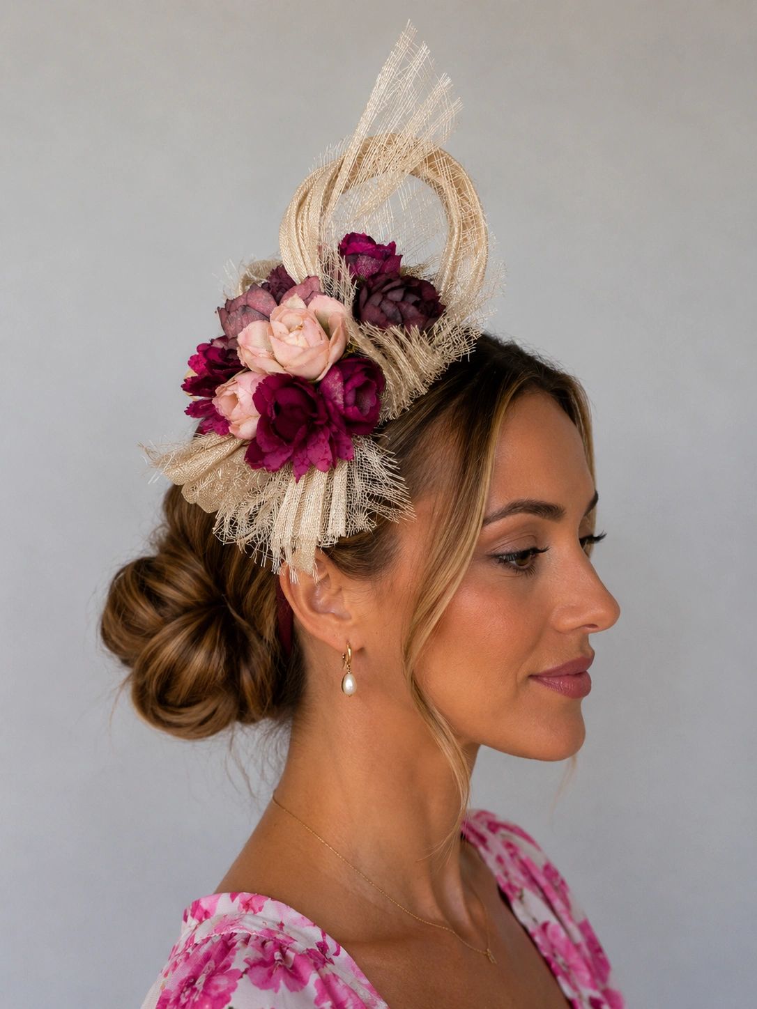 Burgundy Floral and Cream Sinnamay Linen Abica Headband Secondary image