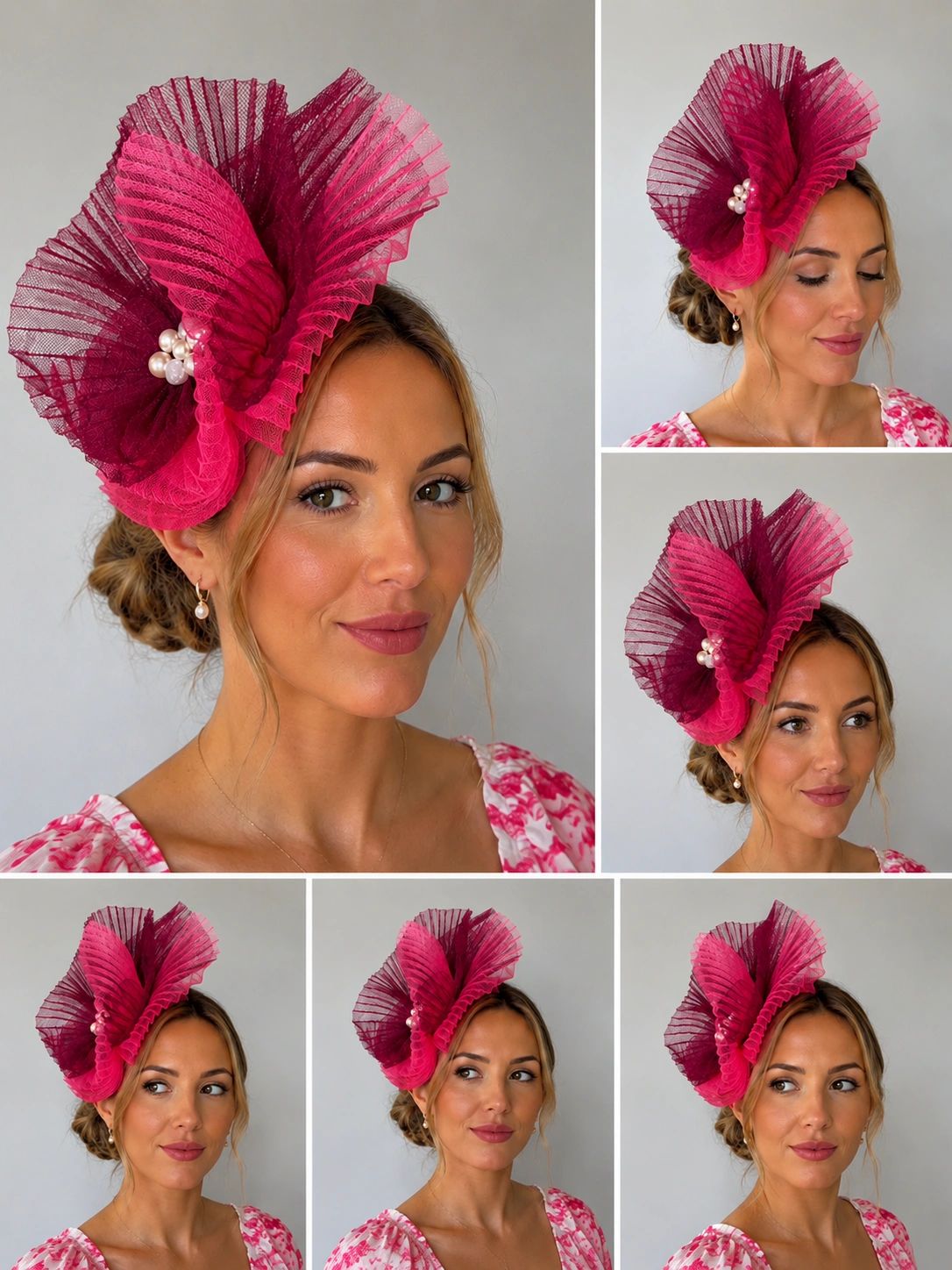 Hot Pink and Wine Pleated Crinoline and Pearl Headband Main image