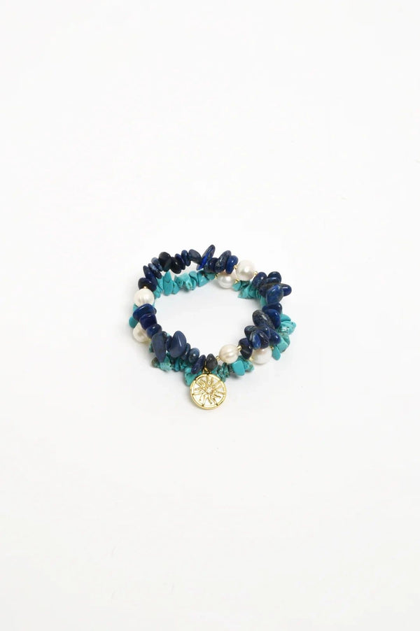 Adorne Sun Charm Stone Chip Pearl Stretch Bracelet Asst Colours