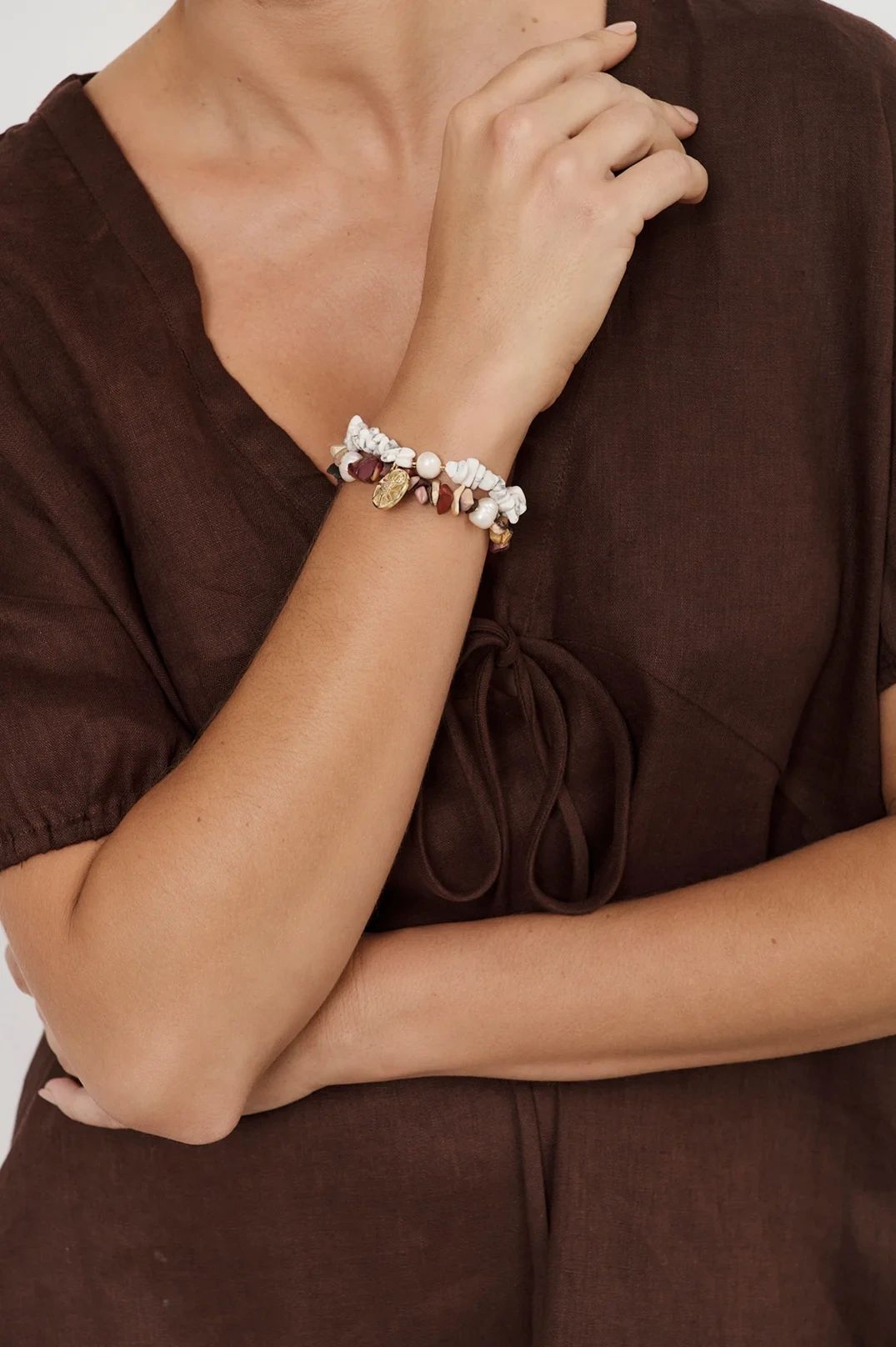 Adorne Sun Charm Stone Chip Pearl Stretch Bracelet Asst Colours
