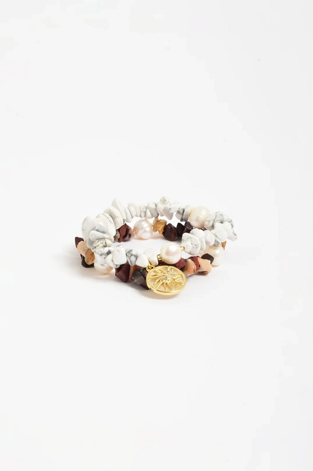 Adorne Sun Charm Stone Chip Pearl Stretch Bracelet Asst Colours