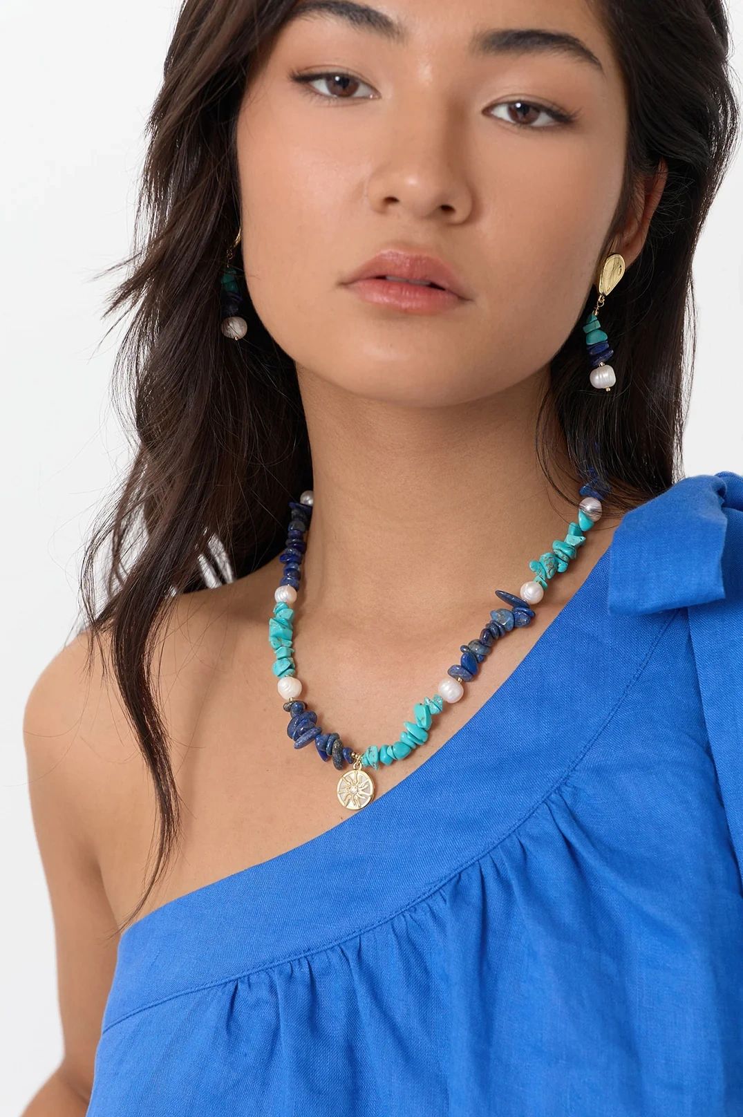 Adorne Sun Charm Stone Chip Pearl Necklace