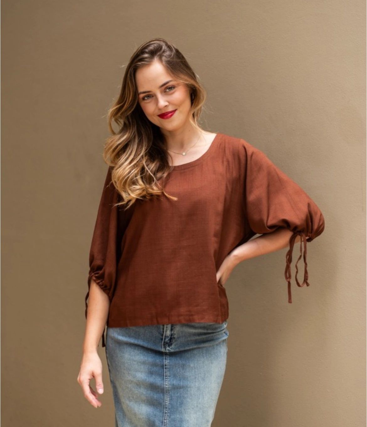 Linen Blend Top - Chocolate/Winter White/Black