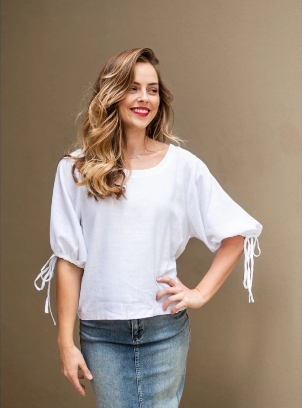 Linen Blend Top - Chocolate/Winter White/Black
