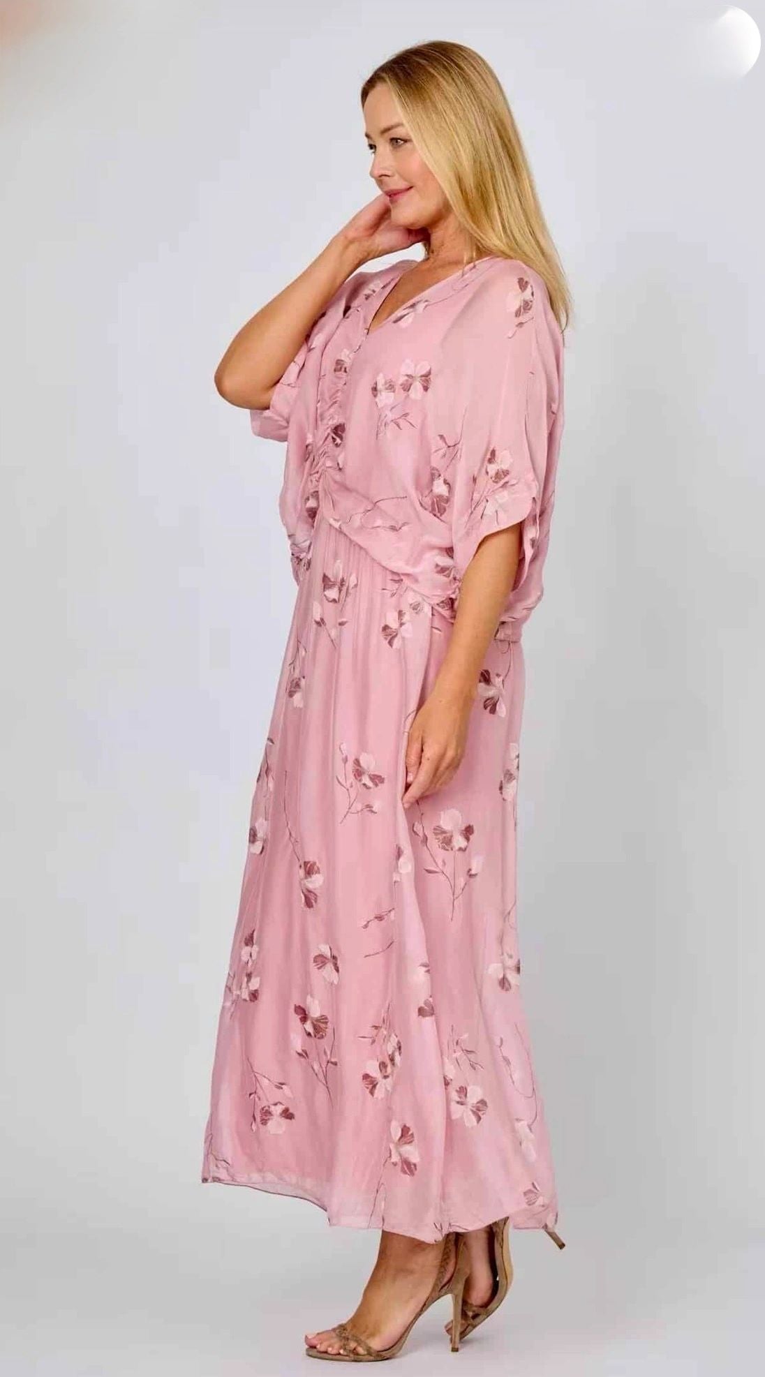 Ruched Bodice Silk Blend Pink Glitter Flower Dress