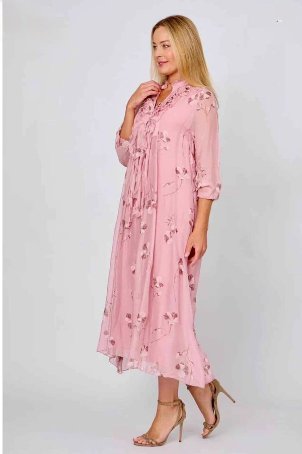 Pink Floral Waterfall Frill Dress