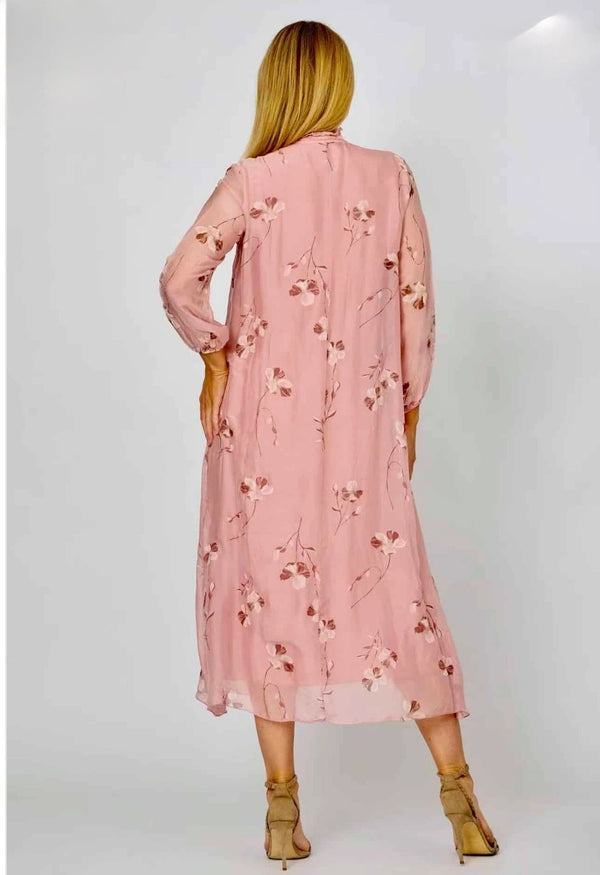 Pink Floral Waterfall Frill Dress