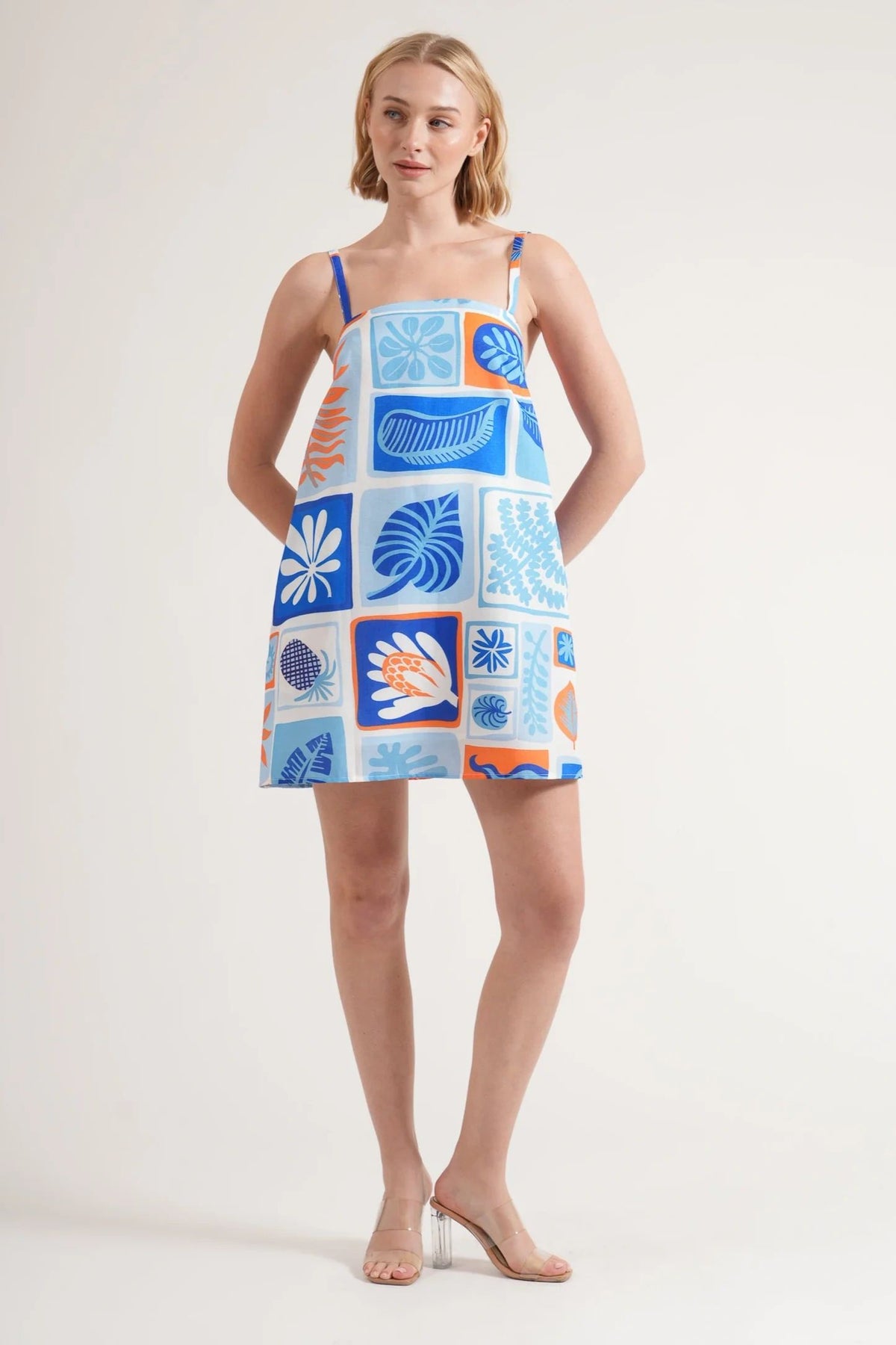 Nathalia Leaf Print Thin Strap Mini Dress Blue