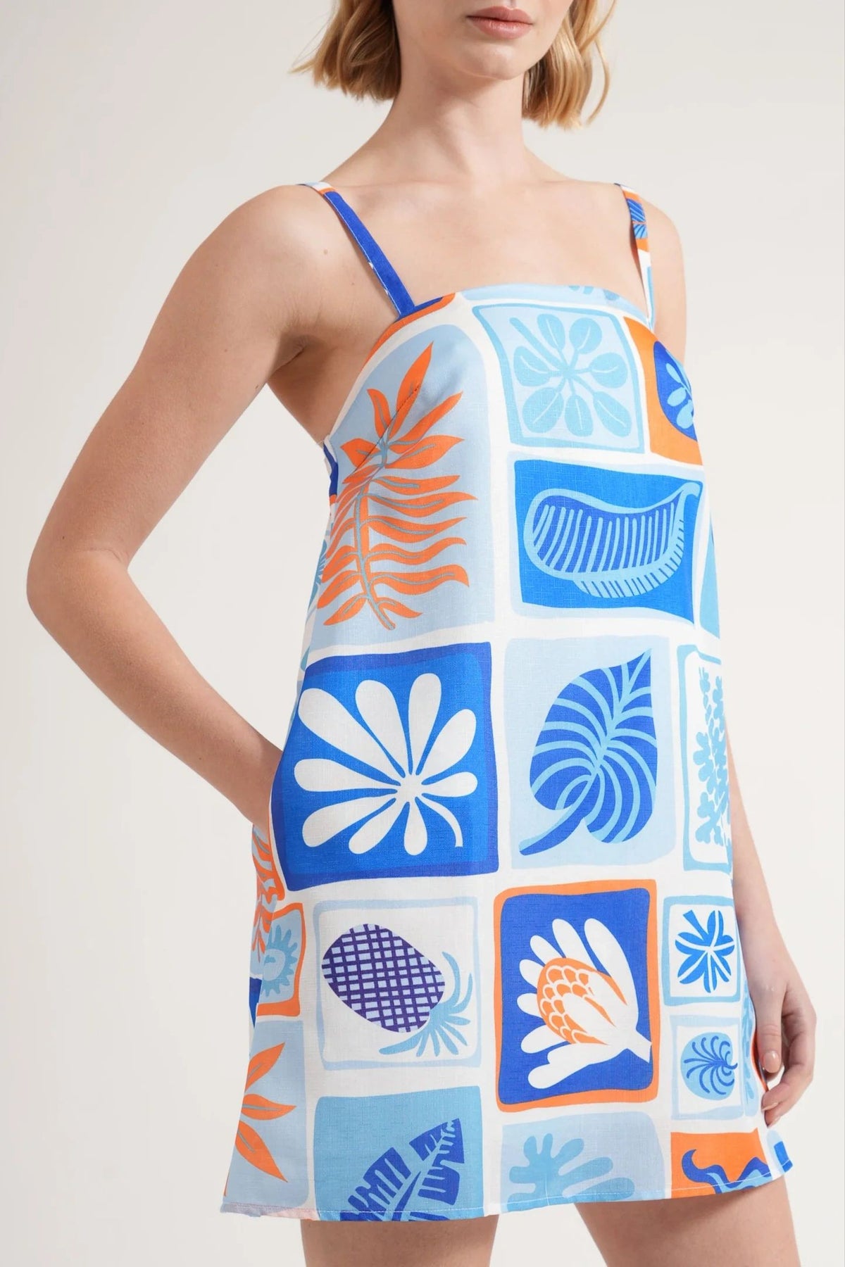 Nathalia Leaf Print Thin Strap Mini Dress Blue Main image