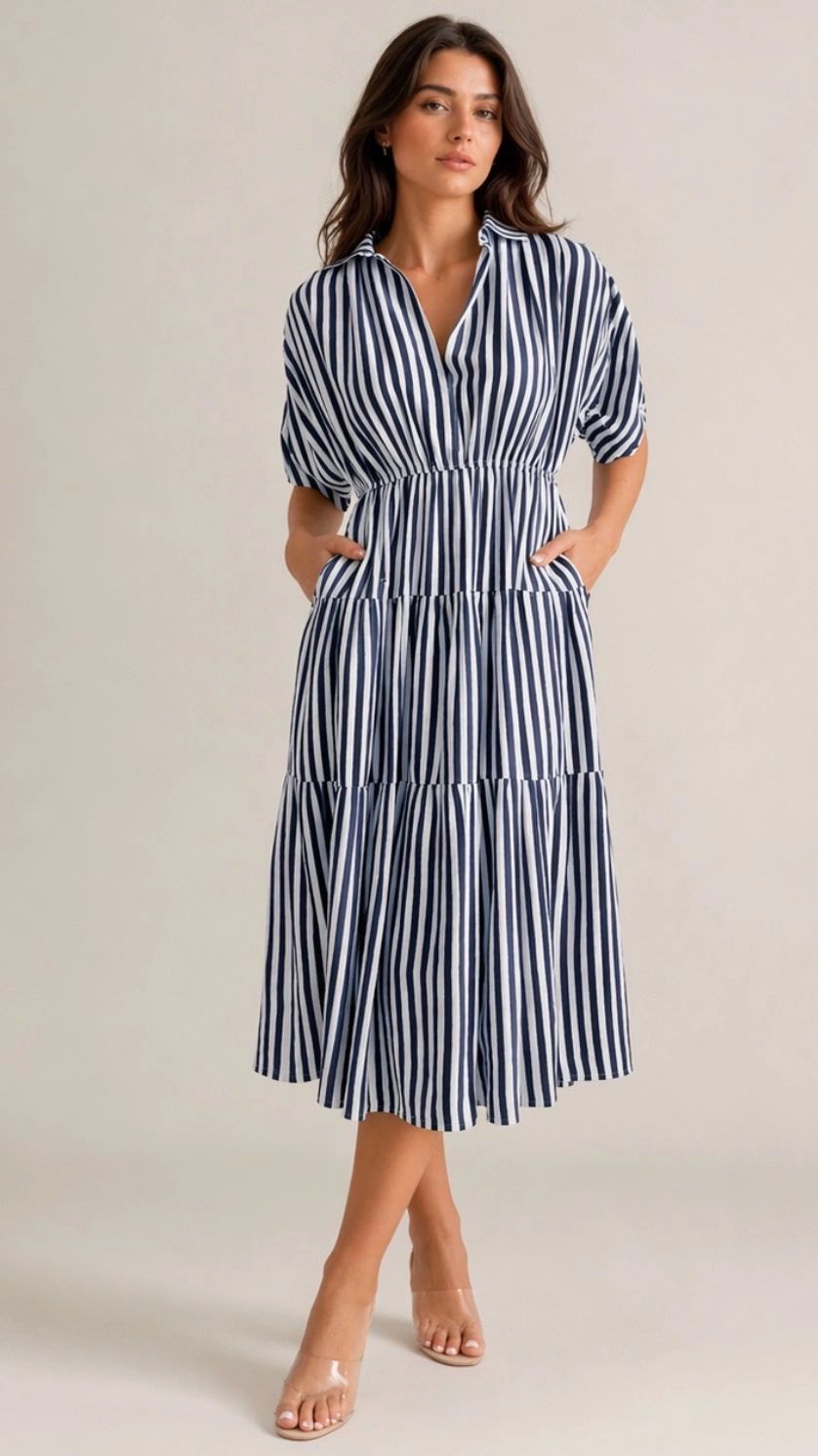 Striped Gathered Sleeve Midi Dress Asst Colours