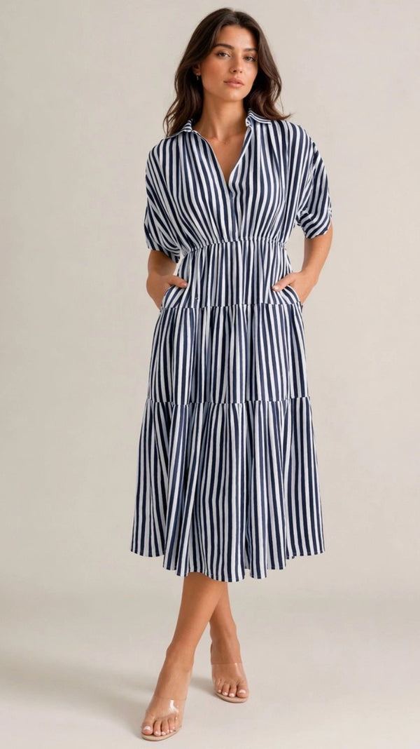 Striped Gathered Sleeve Midi Dress Asst Colours