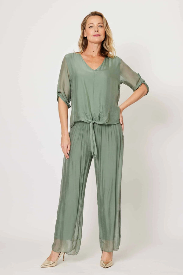 Silk Blend Sequin Trim Pants Asst Colours