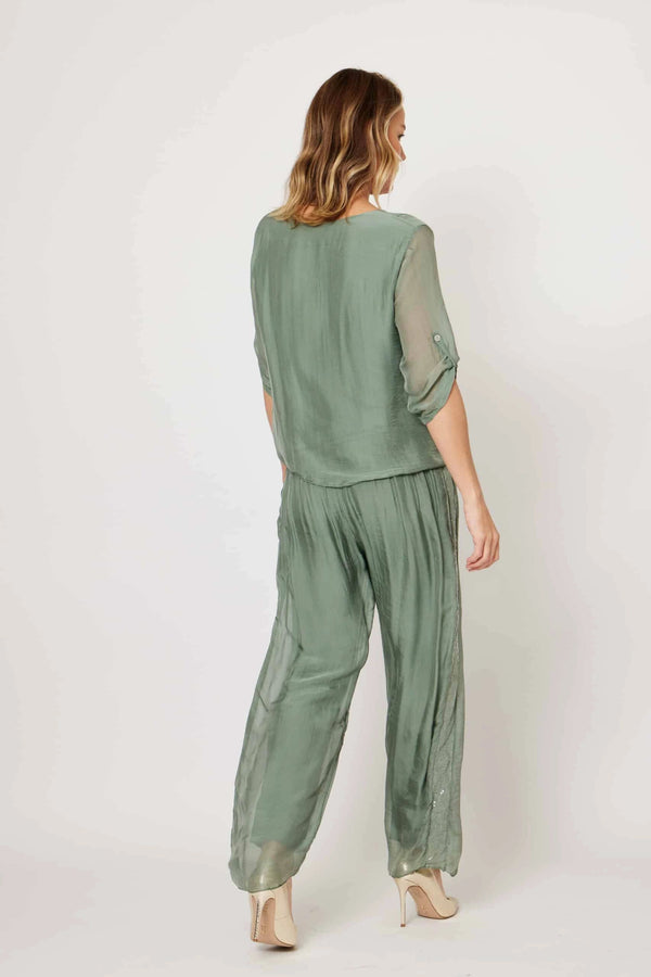 Silk Blend Sequin Trim Pants Asst Colours