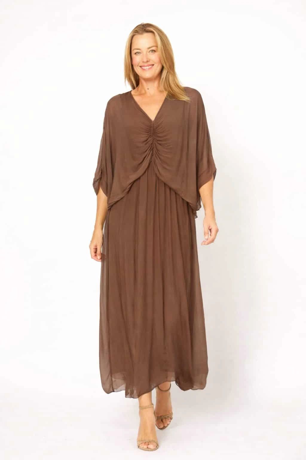 Ruched Bodice Silk Blend Flowy Dress Asst Colours