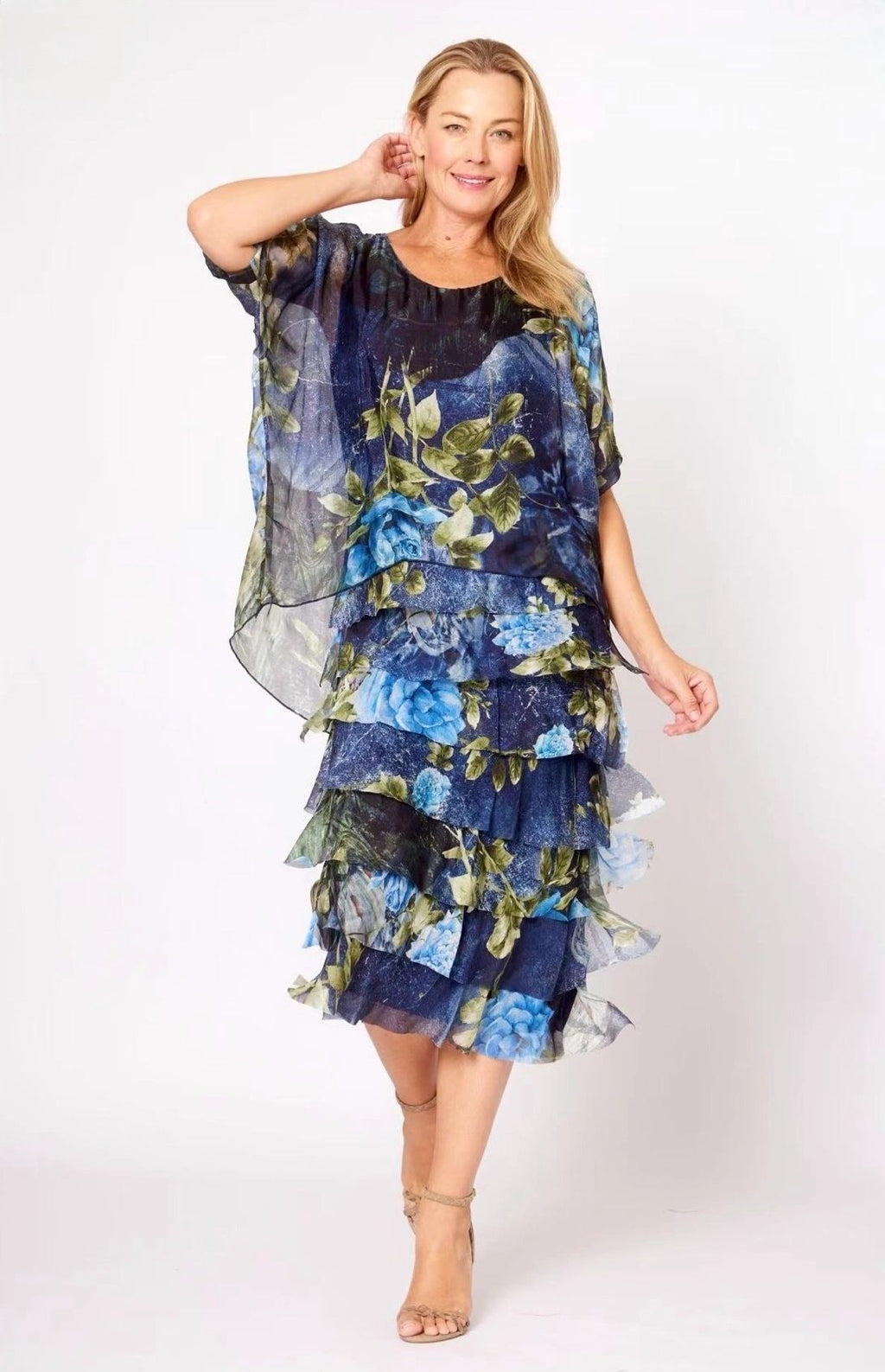 Multi Navy Blue Floral Layered Dress