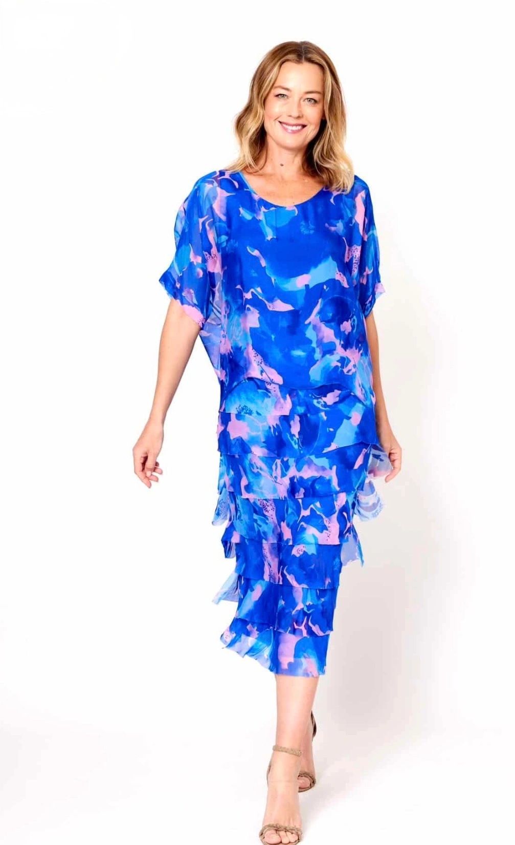 Cobalt/Pink Printed Multi Layered Dress