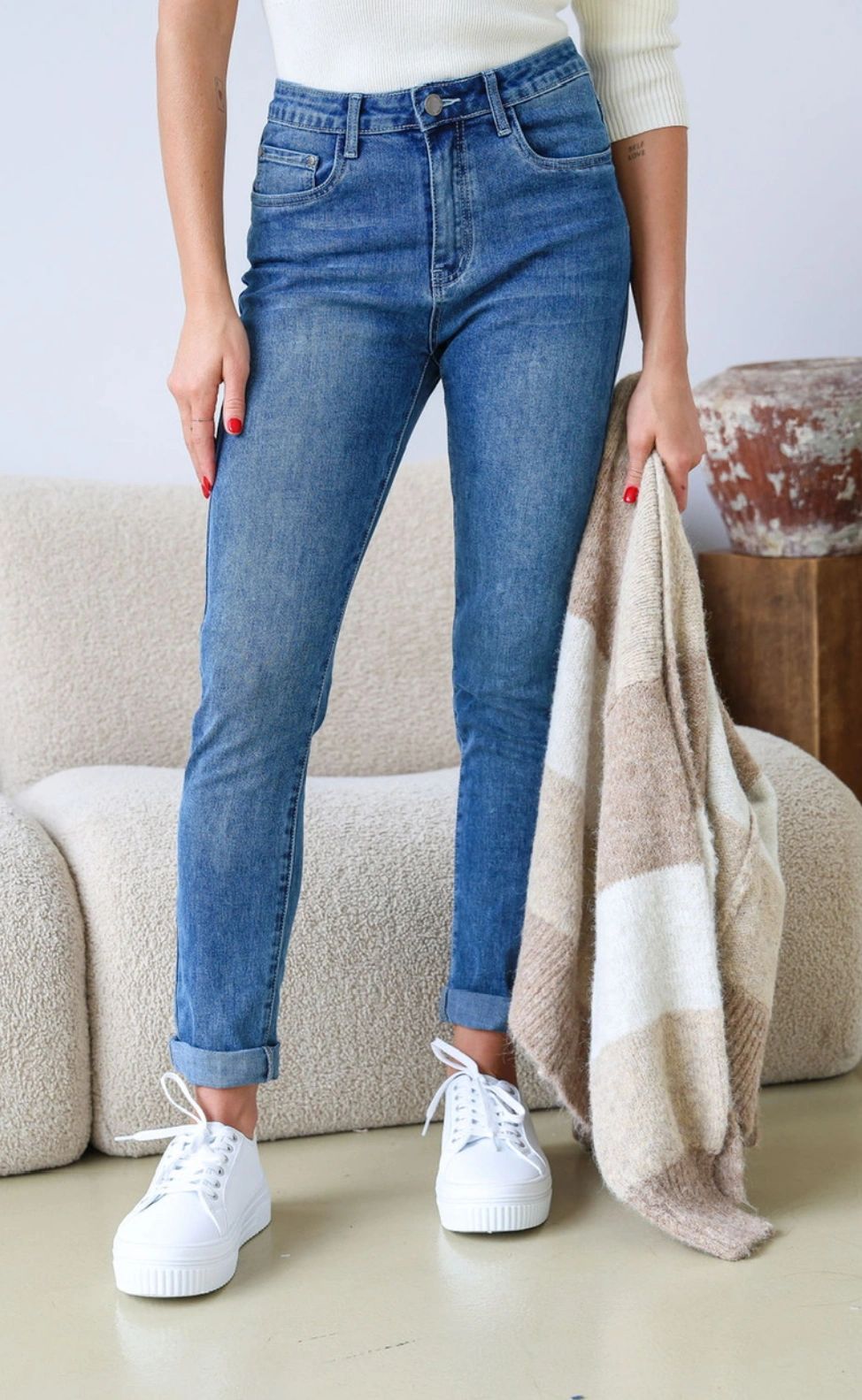 Mid Wash Blue Stretch Mum Jeans