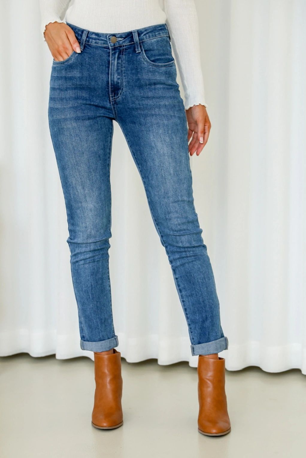 Mid Wash Blue Stretch Mum Jeans Main image