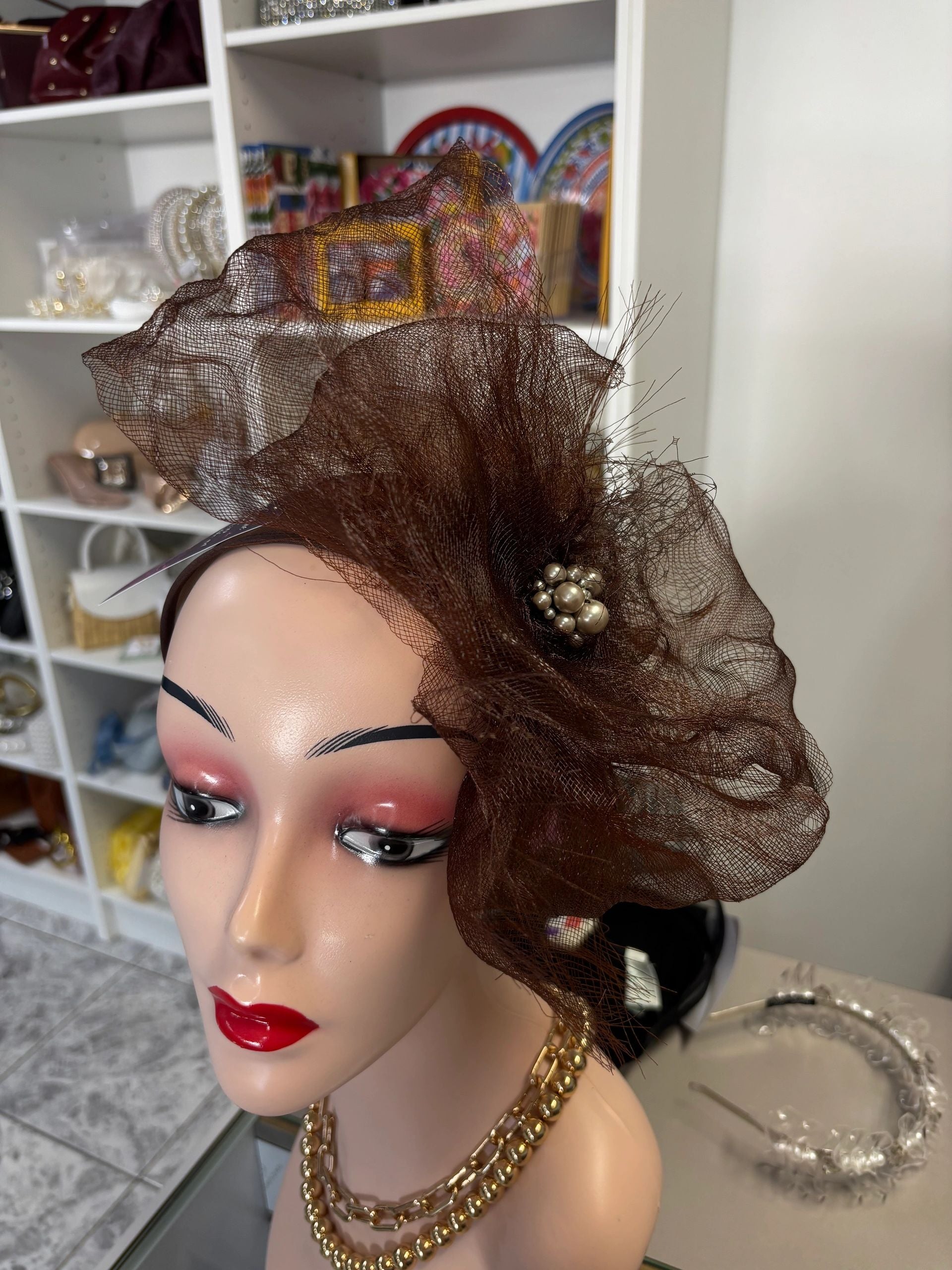 Brown Distressed and Pearl Headband Secondary image