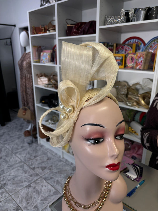 Cream Bow Pearl on Rattan Headband