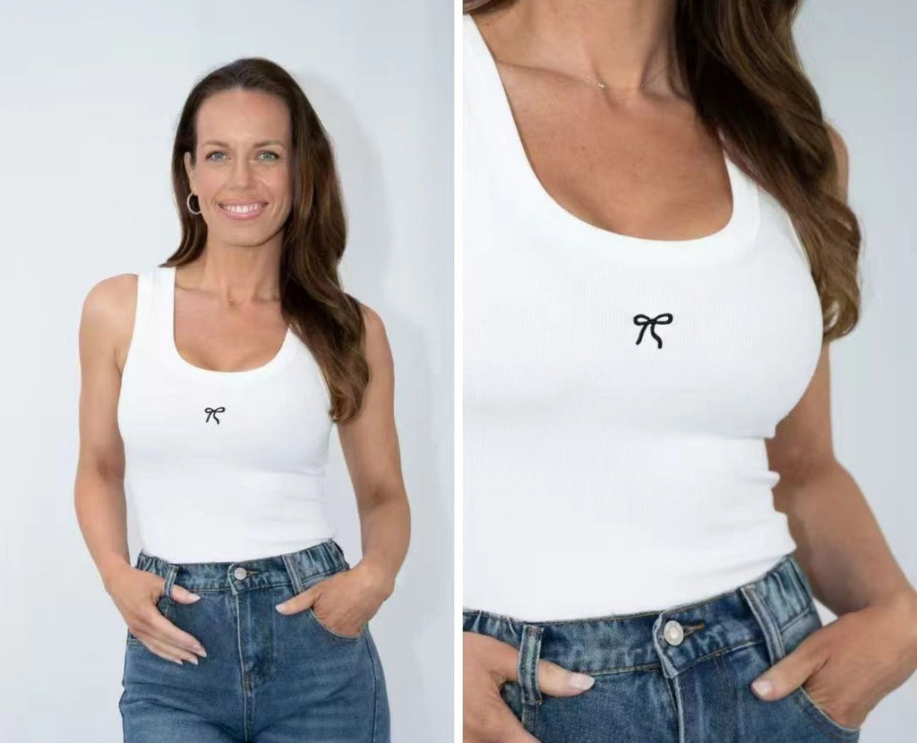 Ribbed Bow Embroidered Tank Top Asst Colours