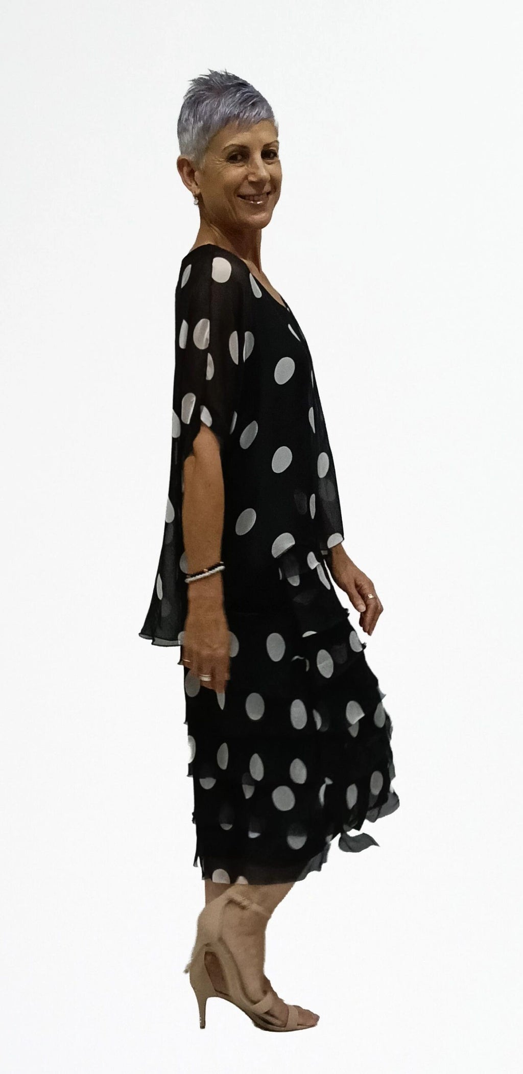 White and Black Spot Layered Silk Dress