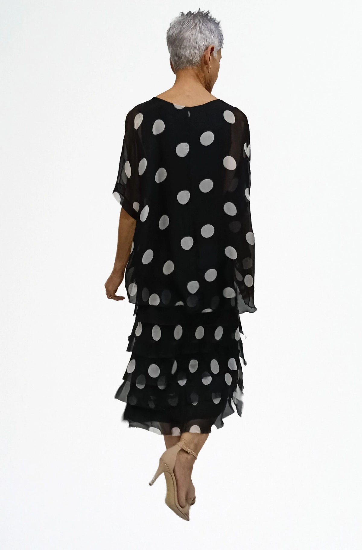 White and Black Spot Layered Silk Dress