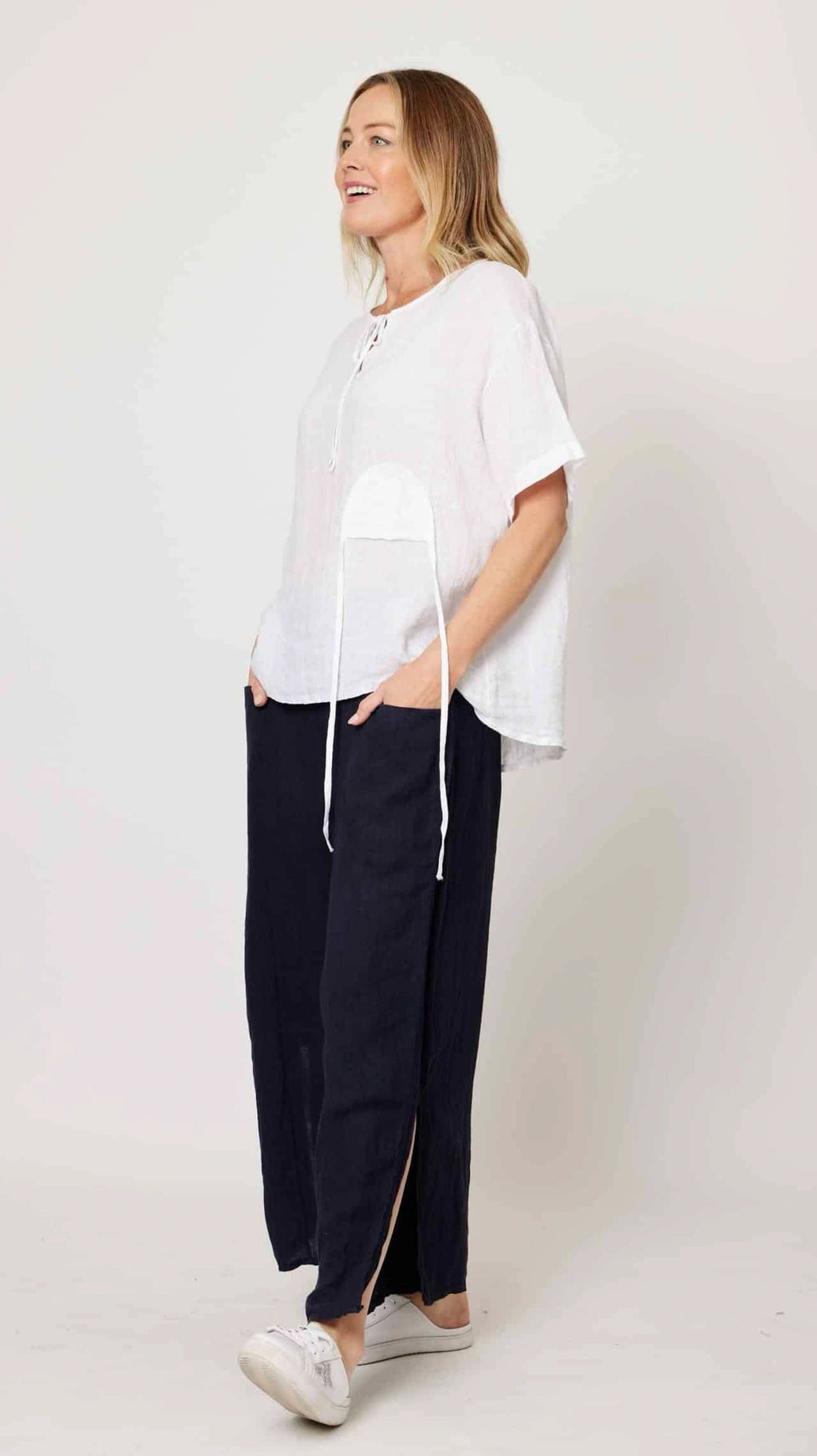 White Linen Upside Pocket Top