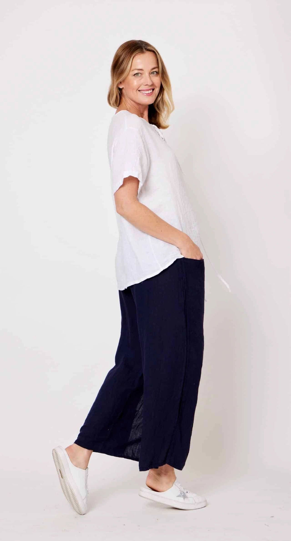 White Linen Upside Pocket Top