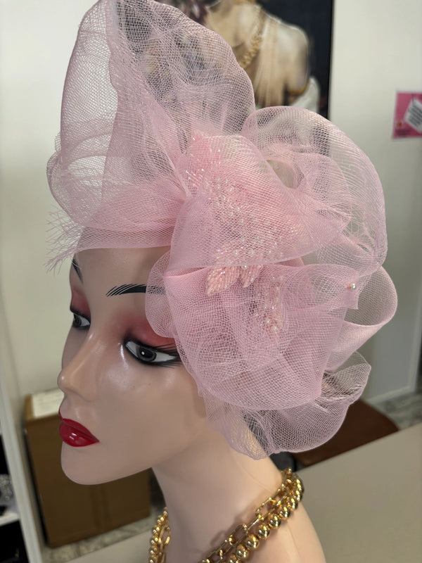 Baby Pink Crinoline & Beaded Motif Headband