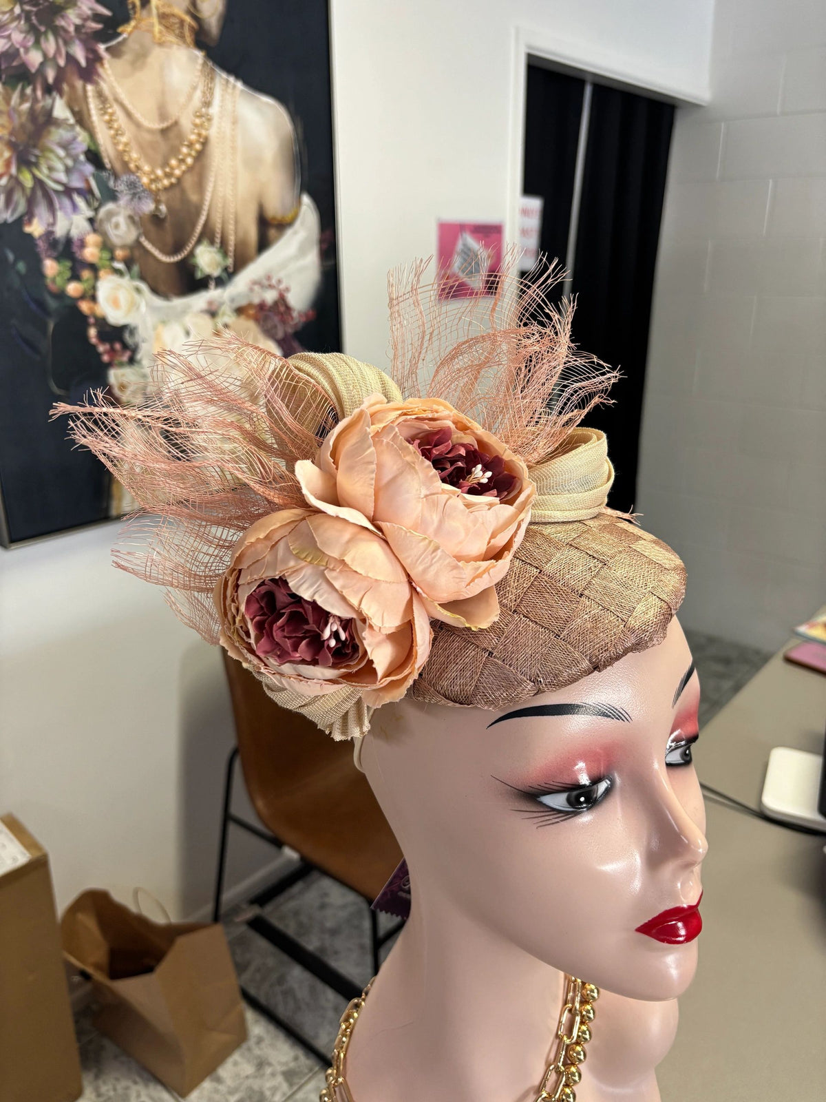 Light & Dusty Pink, Flowers, Linen Abica, Sinnmay on Cross Base HeadPiece