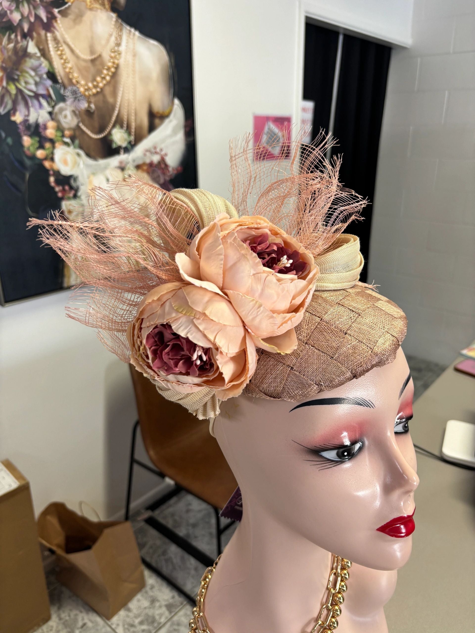 Light & Dusty Pink, Flowers, Linen Abica, Sinnmay on Cross Base HeadPiece Secondary image