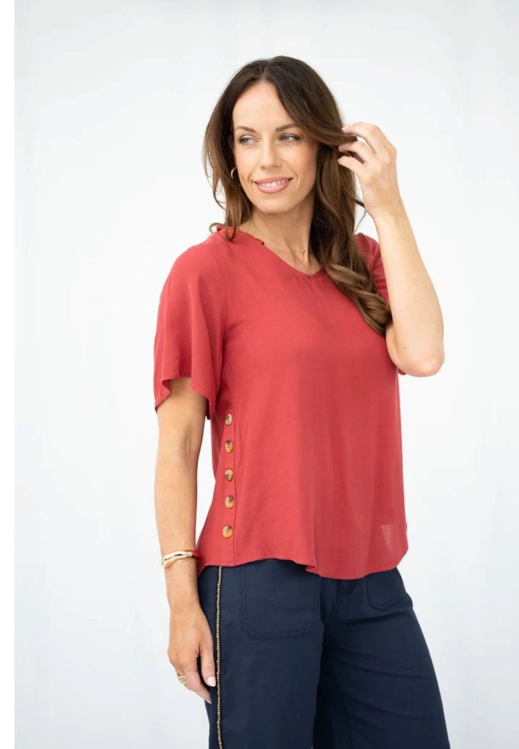 Linen Blend Wooden Button Top Asst Colours