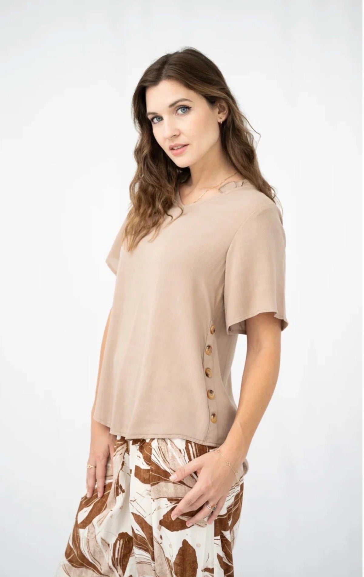 Linen Blend Wooden Button Top Asst Colours