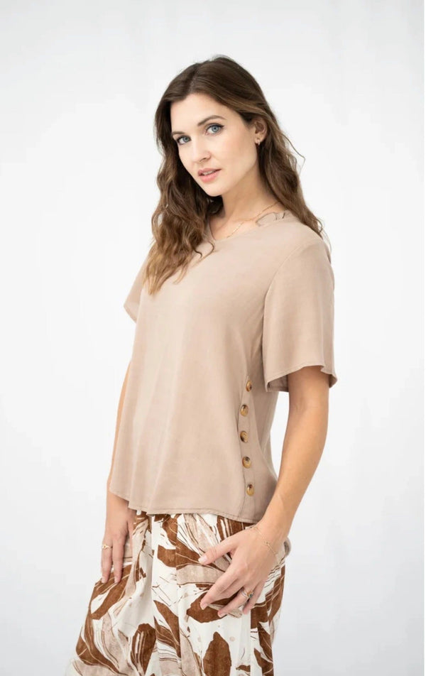 Linen Blend Wooden Button Top Asst Colours