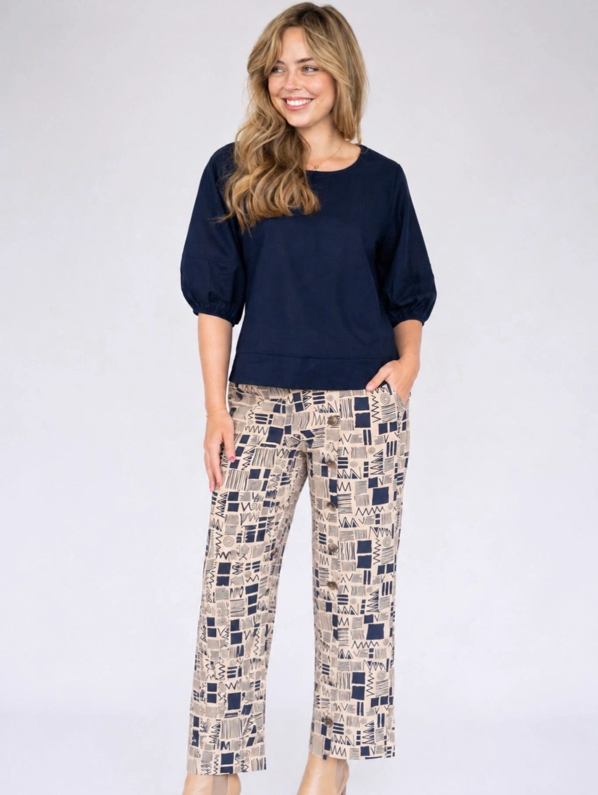 Linen Blend Side Button Pants Beige/Navy