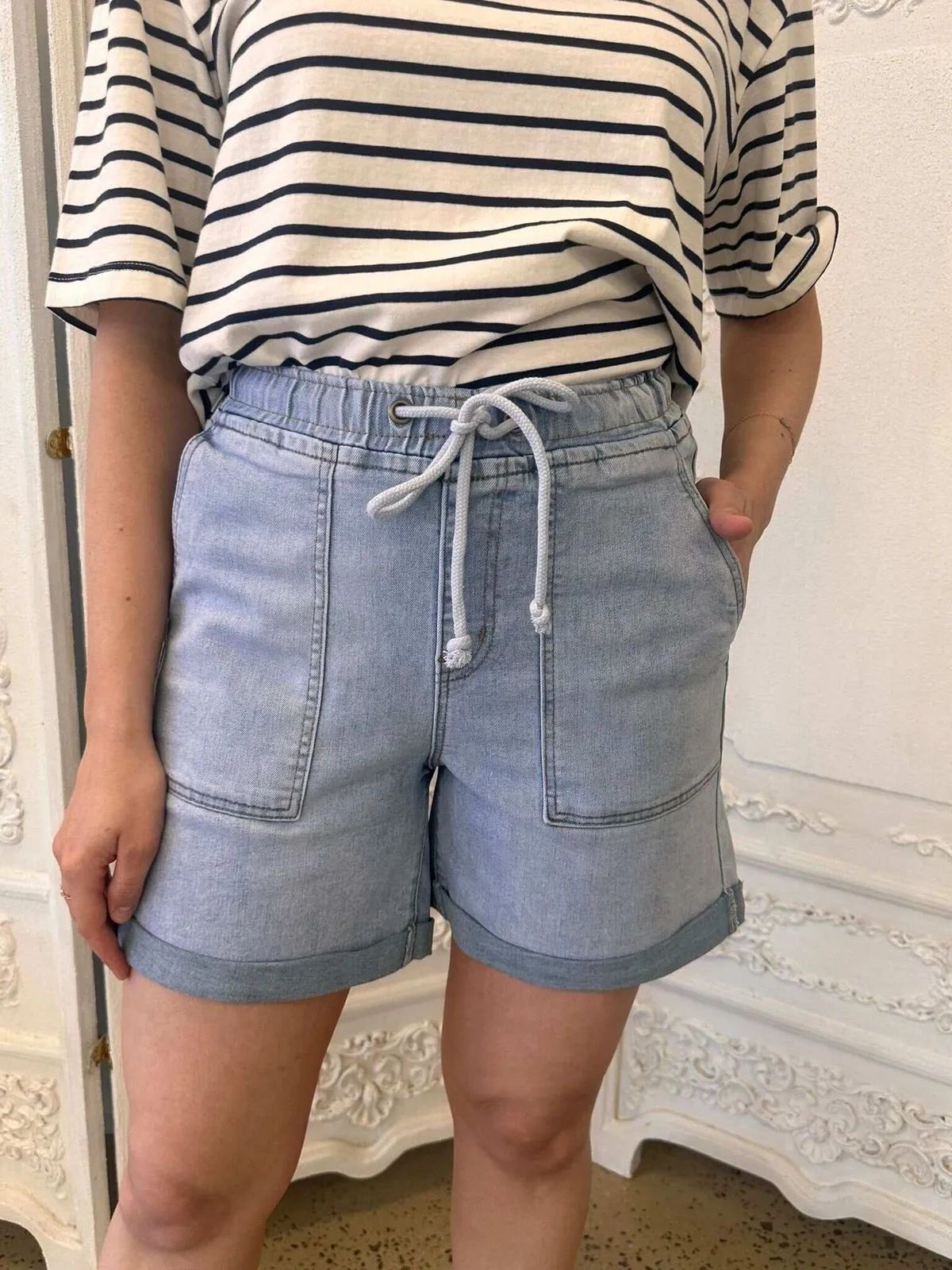 Wakee Light Denim Patch Shorts